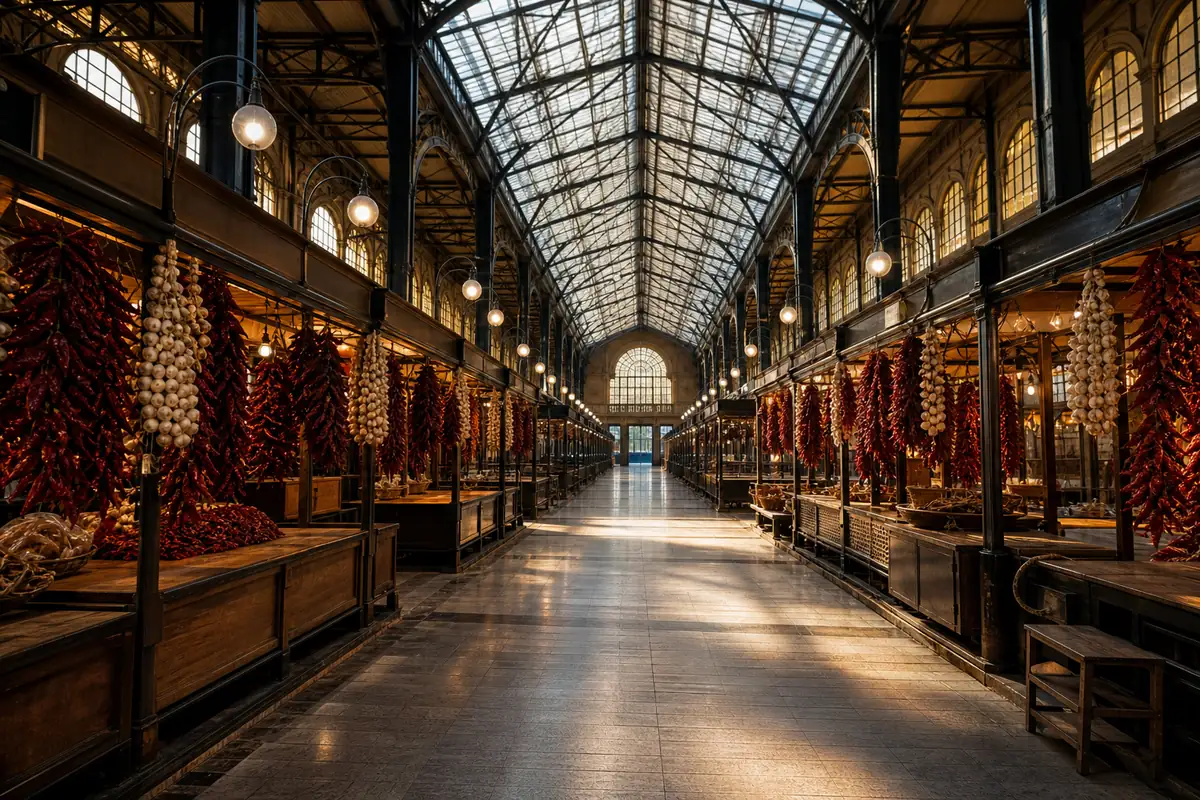 The Great Market Hall before opening, with its strings of paprika