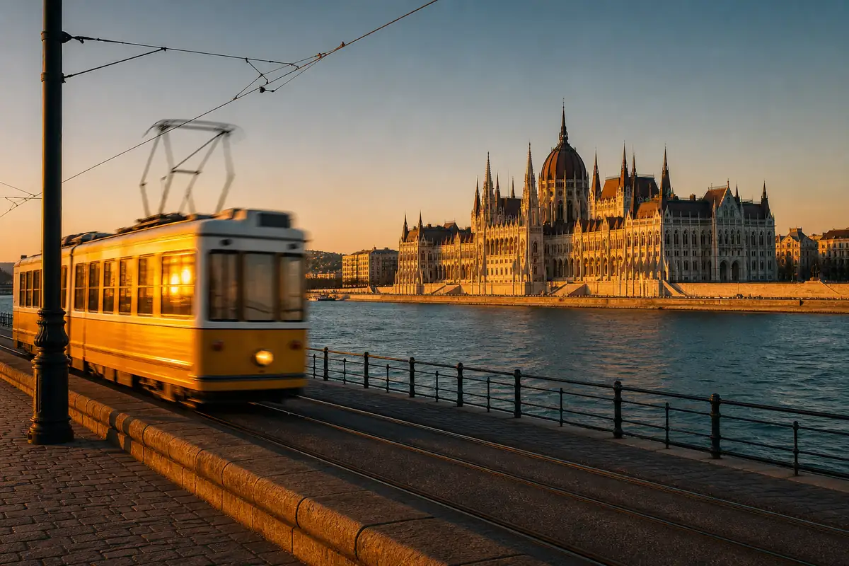 The yellow tram along the bank, with Parliament across the river
